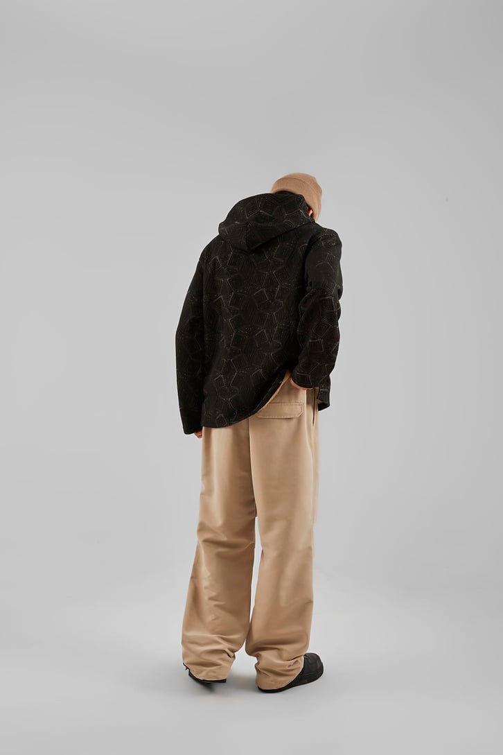 Geometrik Desenli Siyah Oversize Hoodie