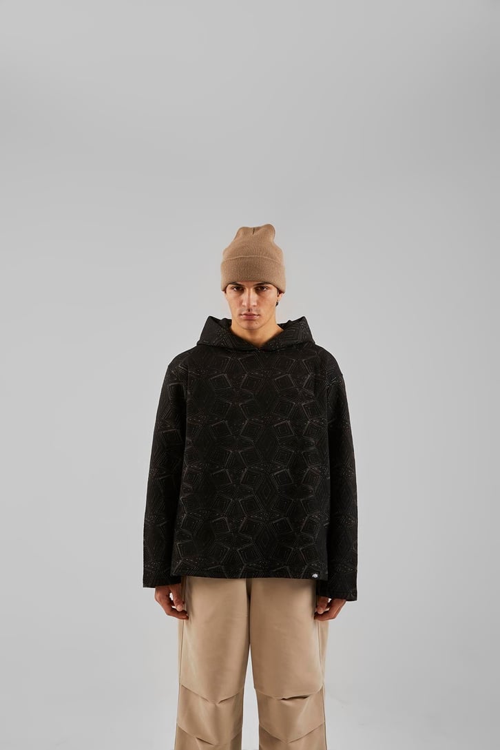 Geometrik Desenli Siyah Oversize Hoodie