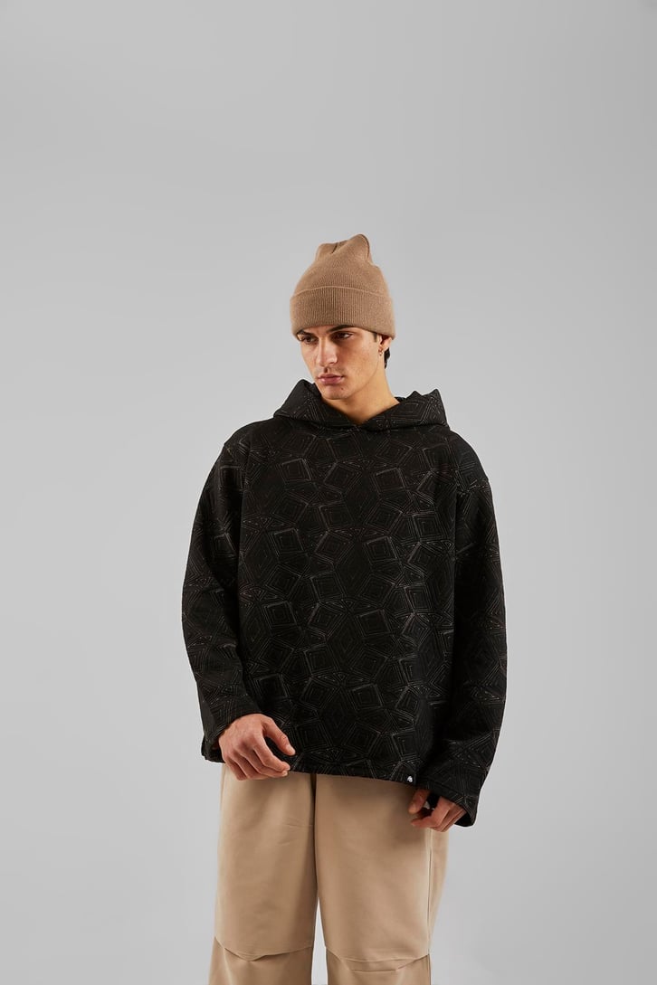 Geometrik Desenli Siyah Oversize Hoodie