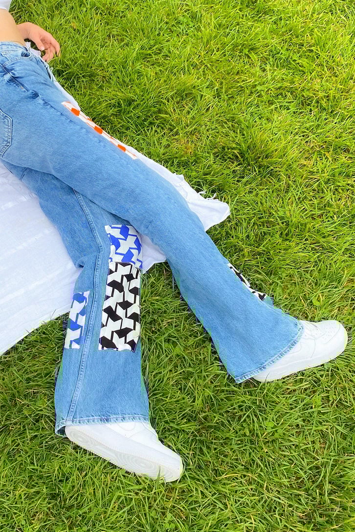 Geometrik Patch Detay Mavi Baggy Jean