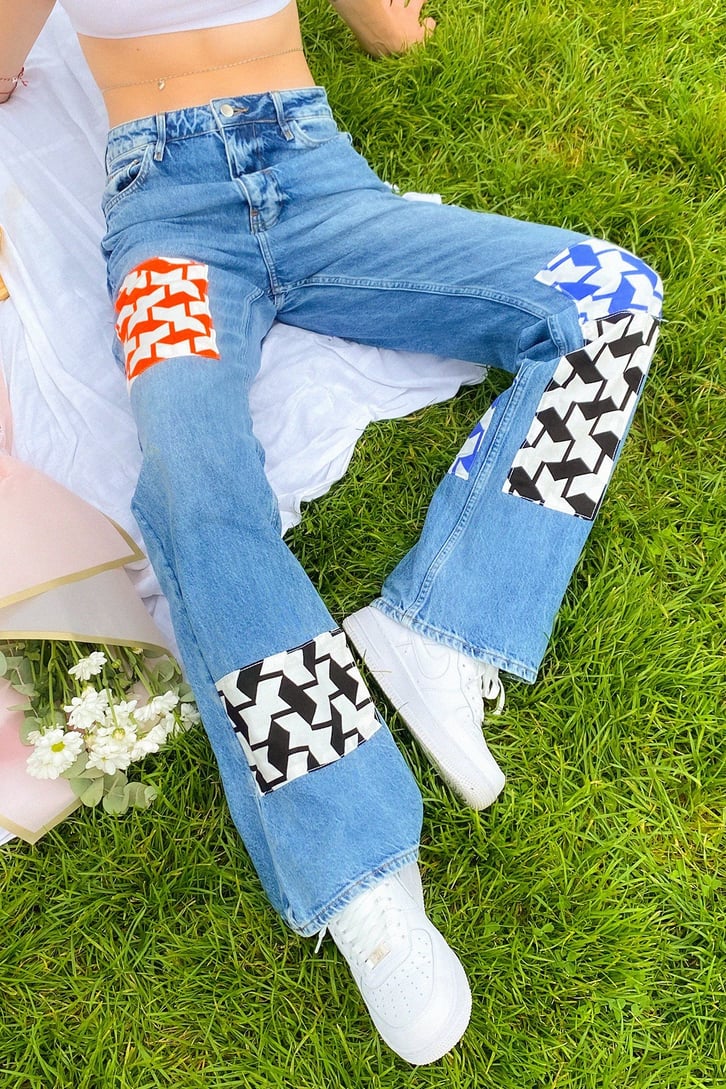 Geometrik Patch Detay Mavi Baggy Jean