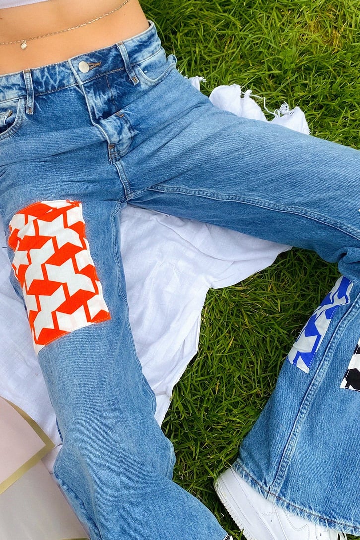 Geometrik Patch Detay Mavi Baggy Jean