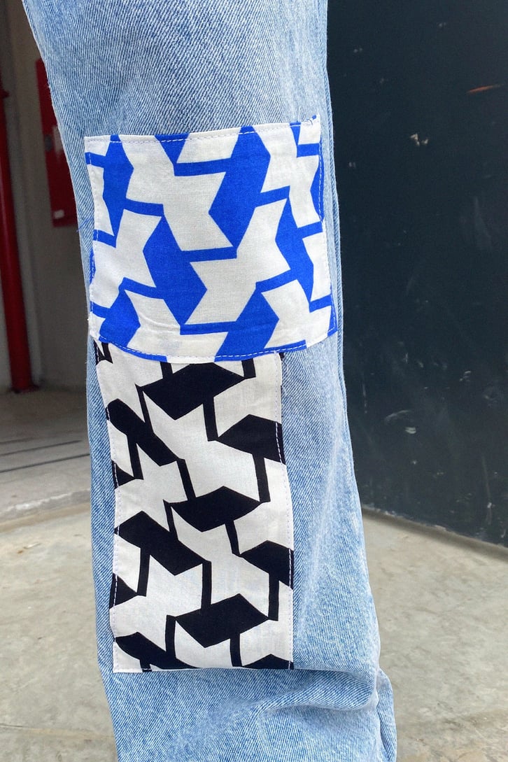 Geometrik Patch Detay Mavi Baggy Jean