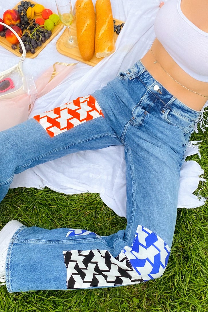 Geometrik Patch Detay Mavi Baggy Jean