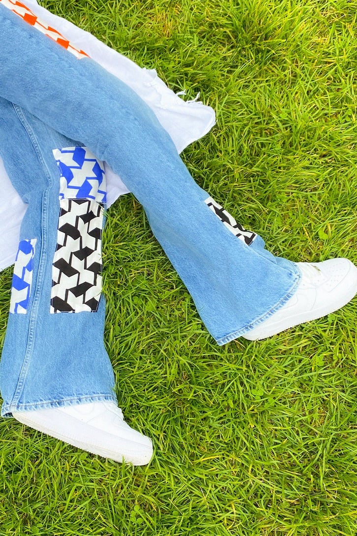 Geometrik Patch Detay Mavi Baggy Jean
