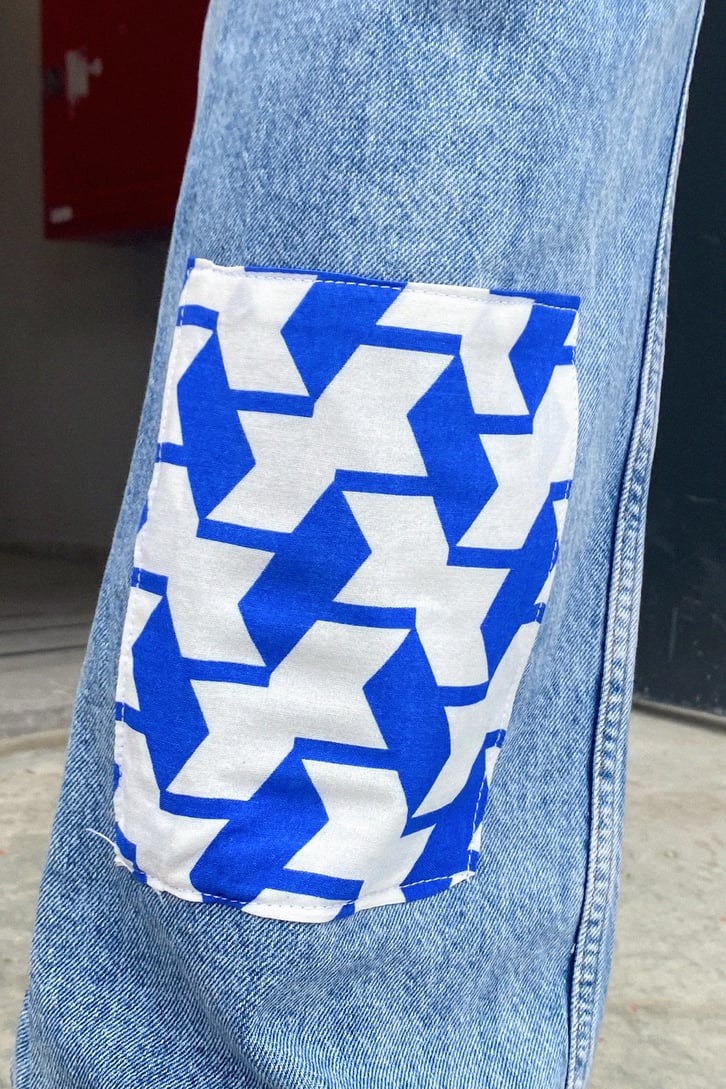 Geometrik Patch Detay Mavi Baggy Jean
