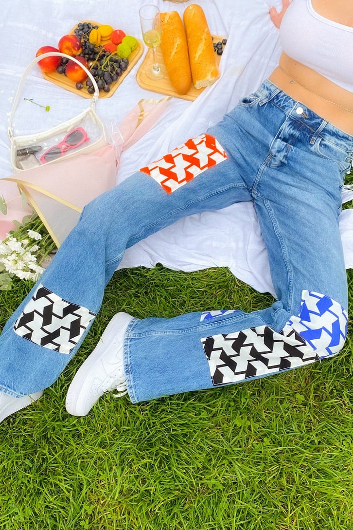 Geometrik Patch Detay Mavi Baggy Jean