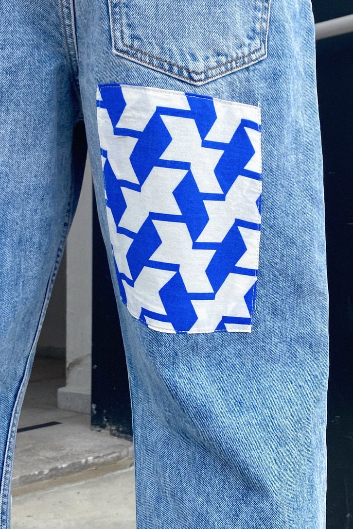 Geometrik Patch Detay Mavi Baggy Jean