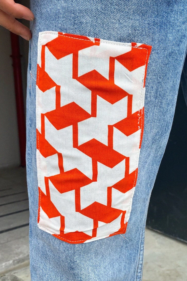 Geometrik Patch Detay Mavi Baggy Jean