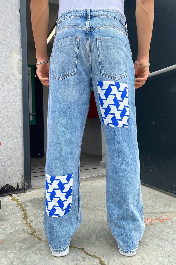 Geometrik Patch Detay Mavi Baggy Jean
