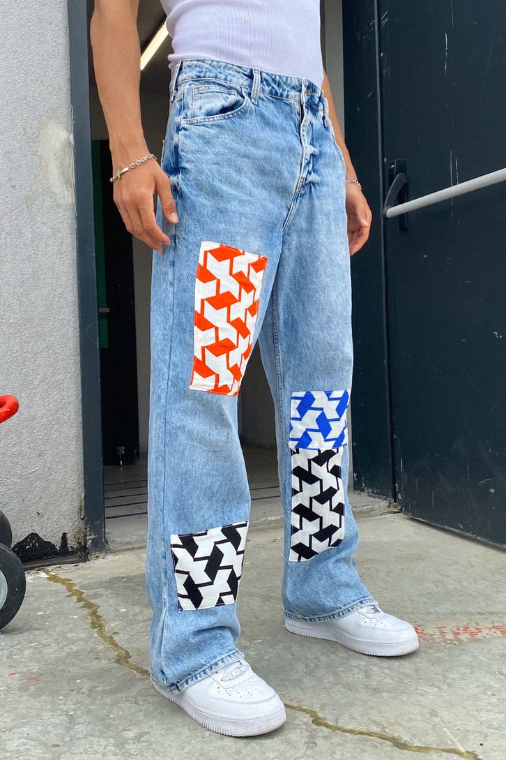 Geometrik Patch Detay Mavi Baggy Jean