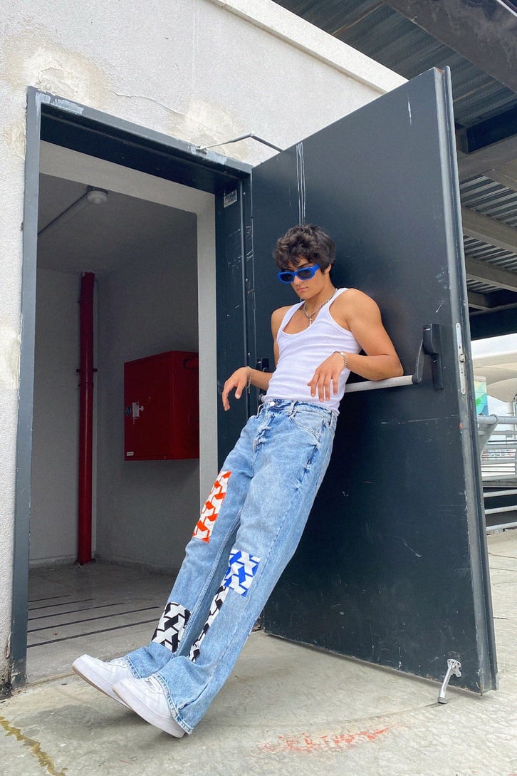 Geometrik Patch Detay Mavi Baggy Jean