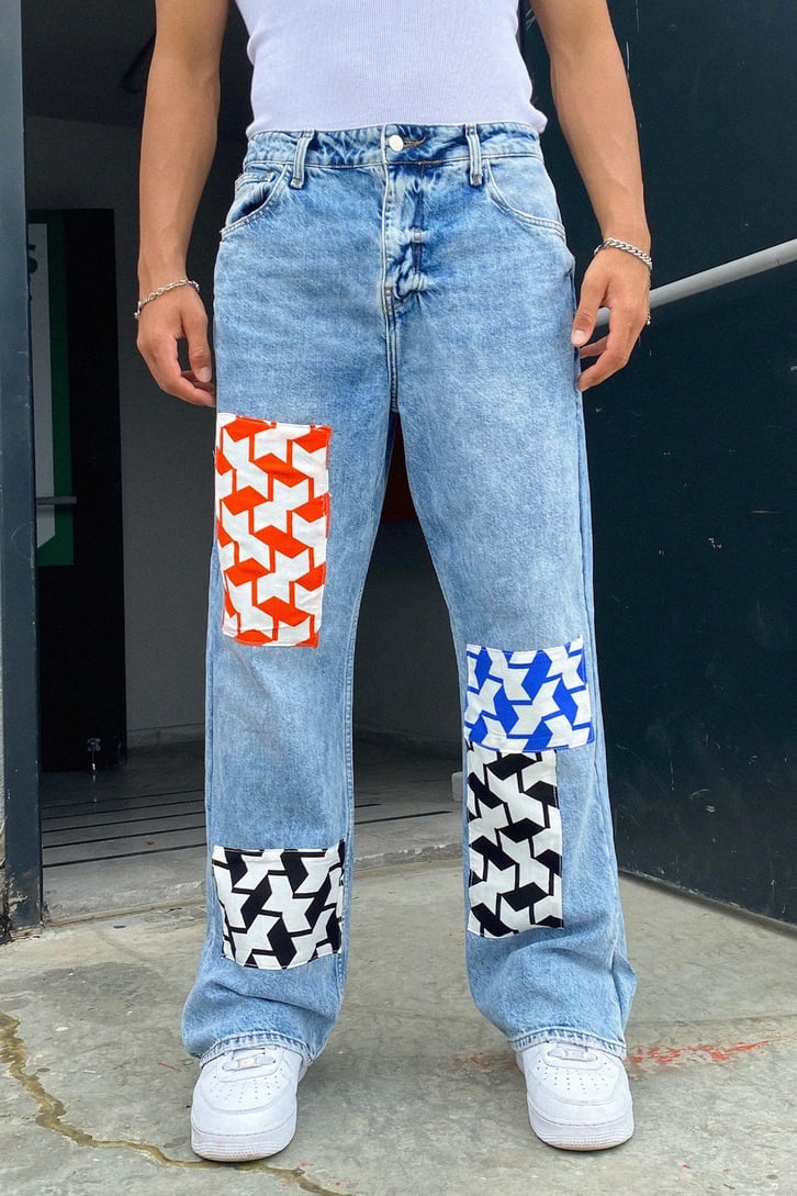 Geometrik Patch Detay Mavi Baggy Jean