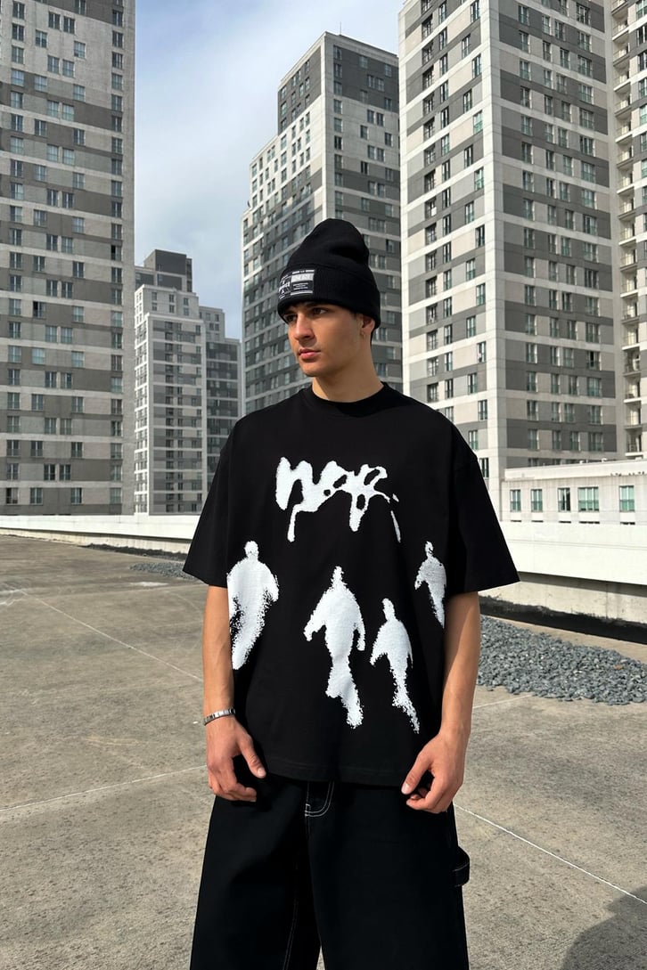 Ghost Baskılı Siyah Oversize Tişört