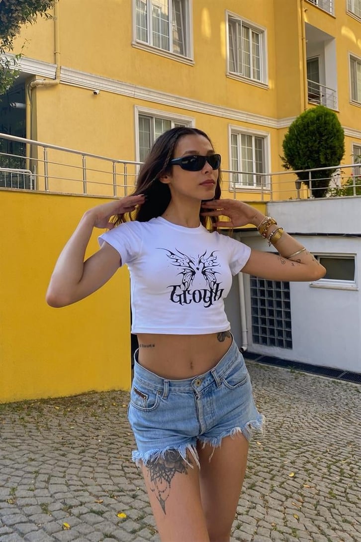 Gloyh Baskılı Beyaz Crop