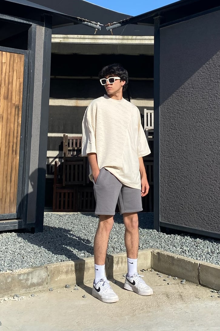 Glyph Desenli Bej Oversize Tshirt