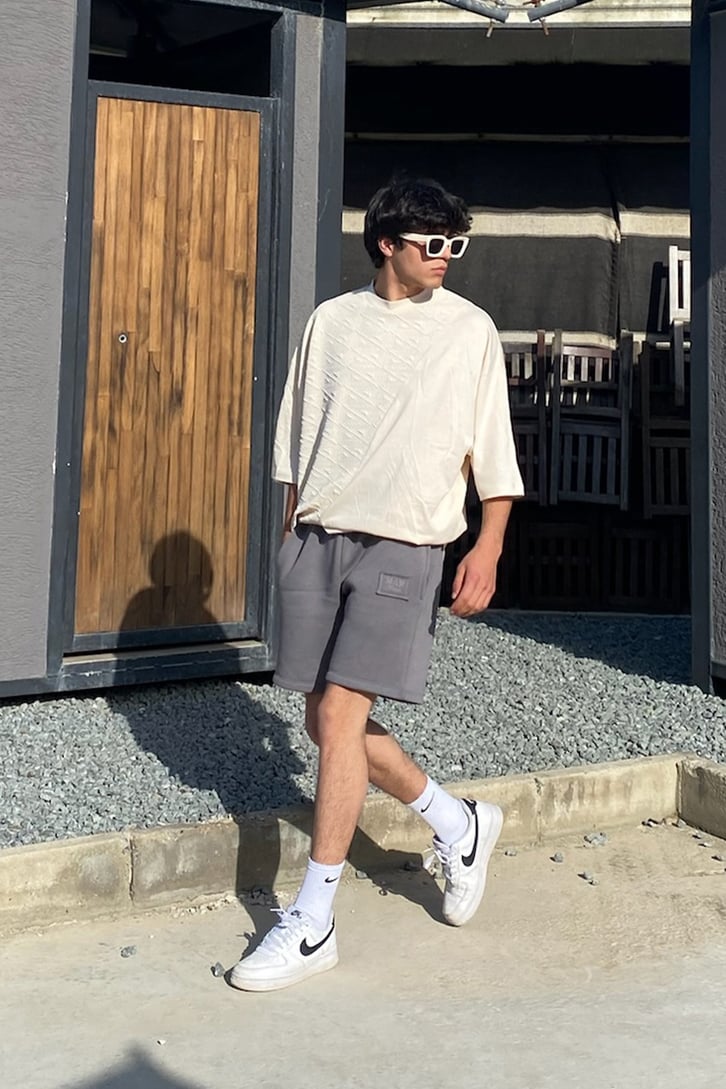 Glyph Desenli Bej Oversize Tshirt