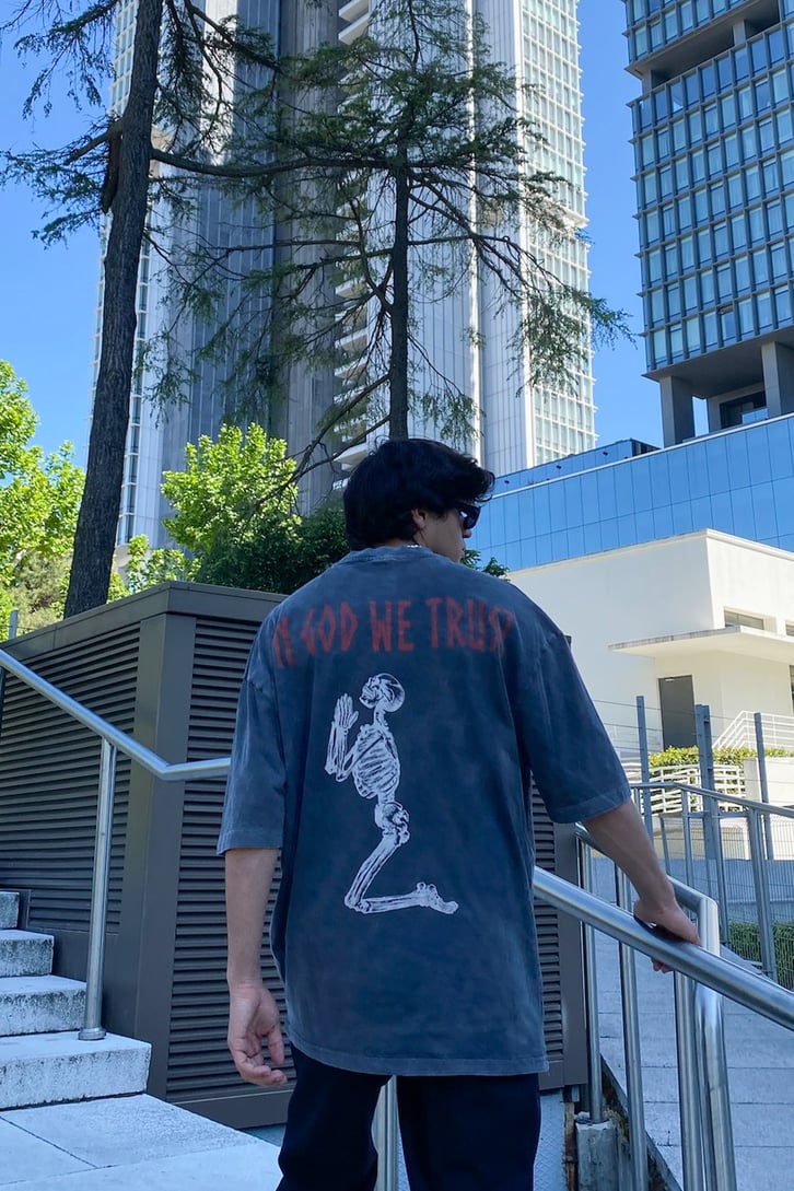 God We Trust Baskılı Acid Wash Oversize Tshirt