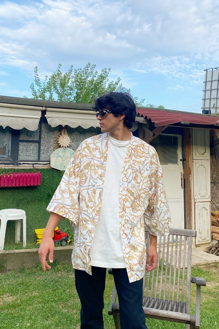Gold Belt Baskçlç Beyaz Oversize Kimono