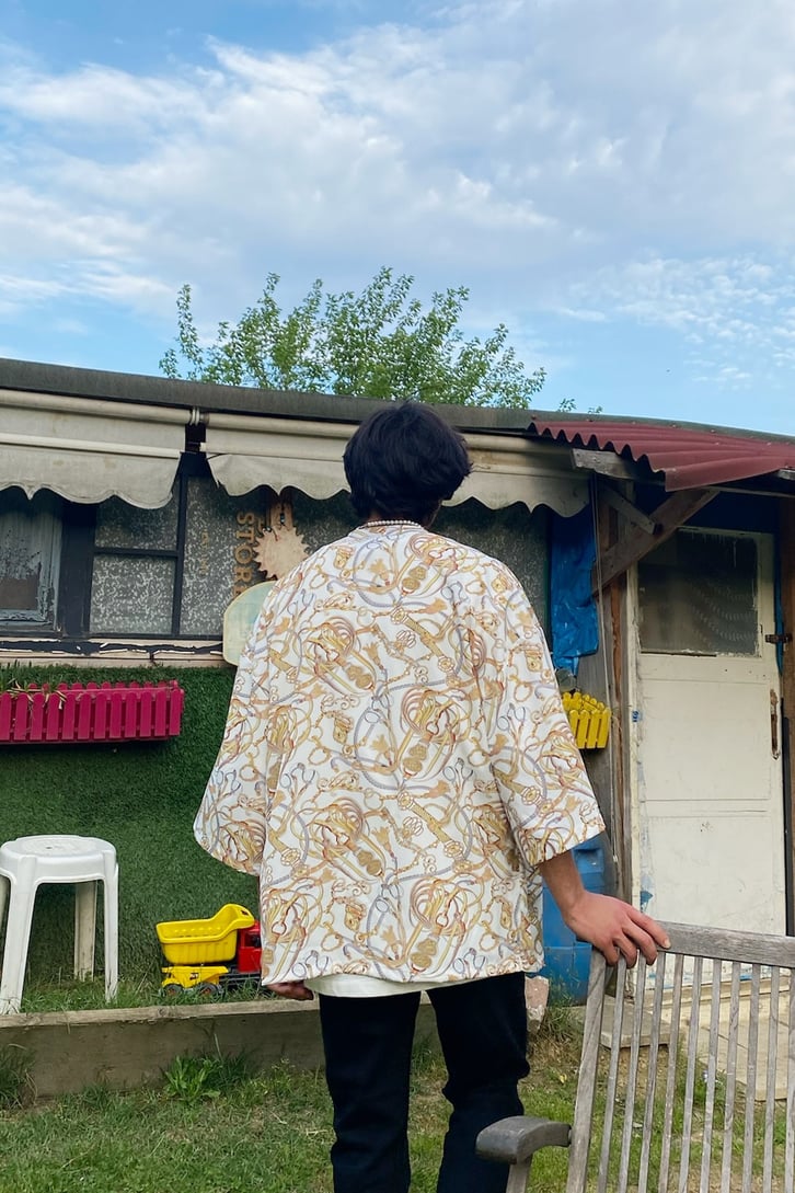 Gold Belt Baskçlç Beyaz Oversize Kimono