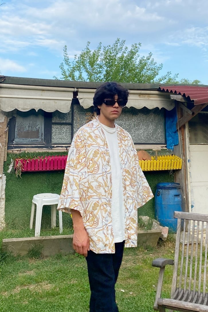 Gold Belt Baskçlç Beyaz Oversize Kimono