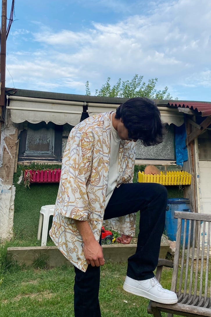 Gold Belt Baskçlç Beyaz Oversize Kimono