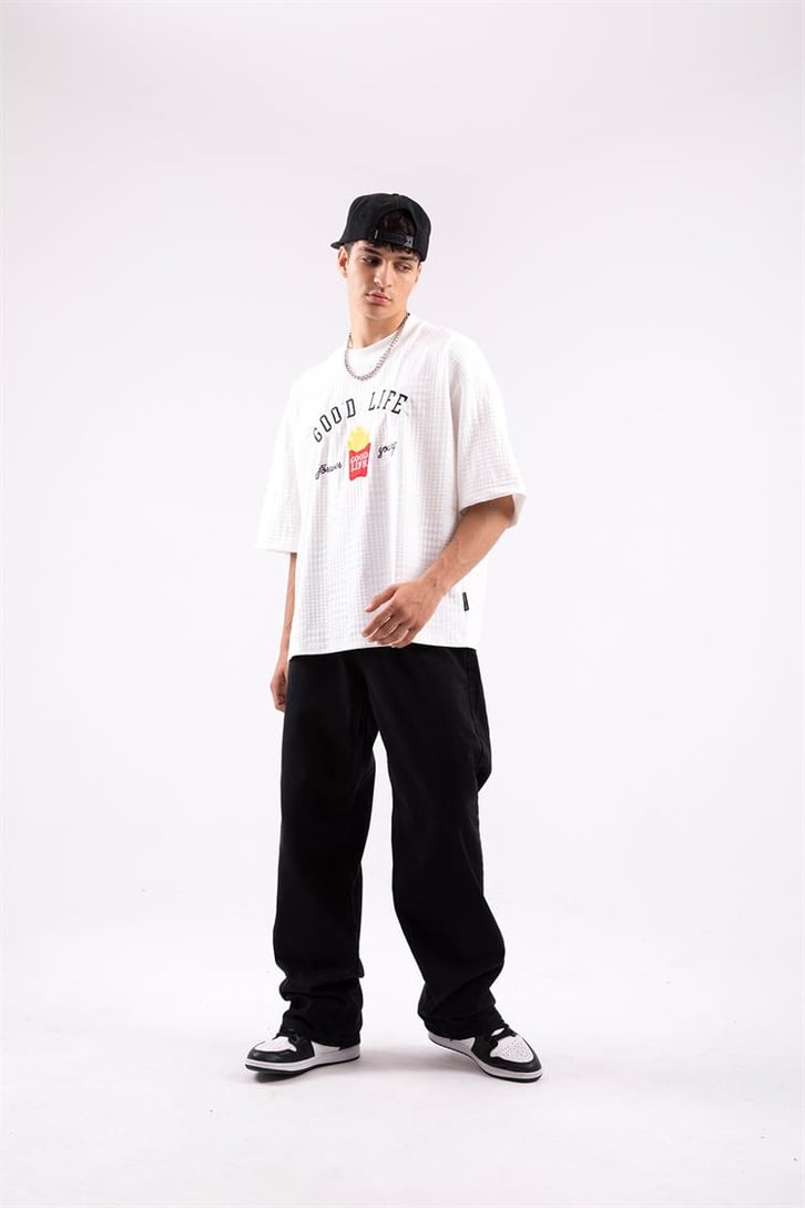 Good Life Nakışlı Ekru Oversize Tshirt