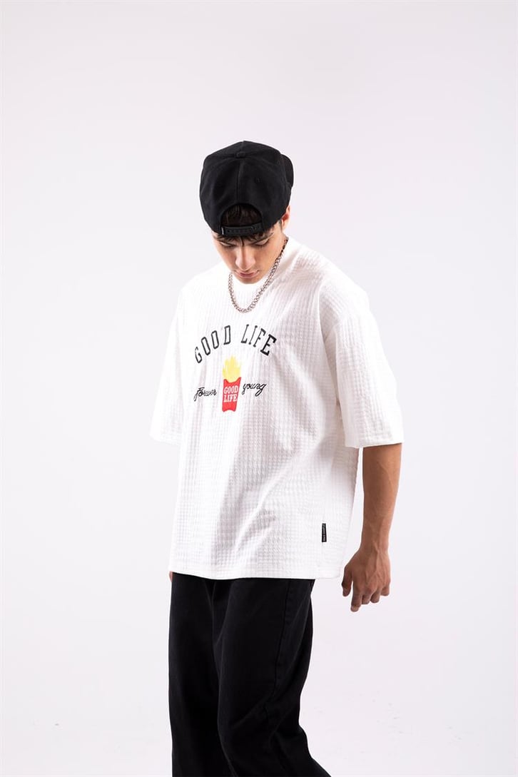 Good Life Nakışlı Ekru Oversize Tshirt
