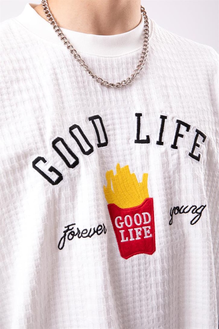 Good Life Nakışlı Ekru Oversize Tshirt