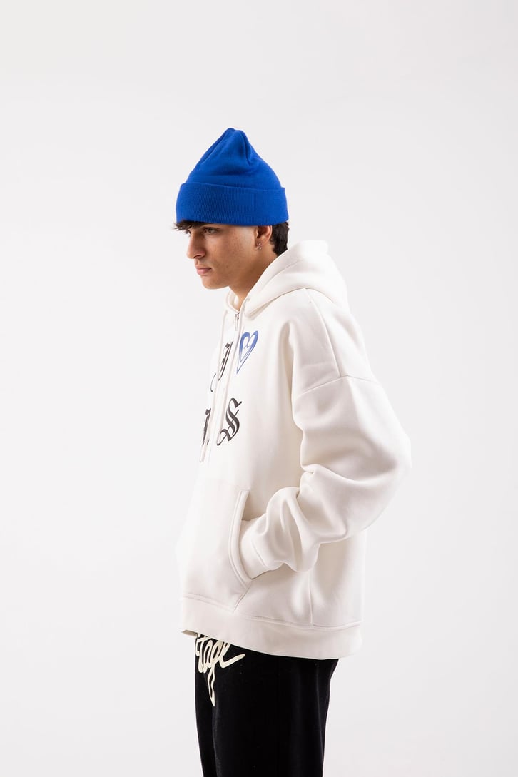 Gothic Letter Beyaz Oversize Zip Hoodie
