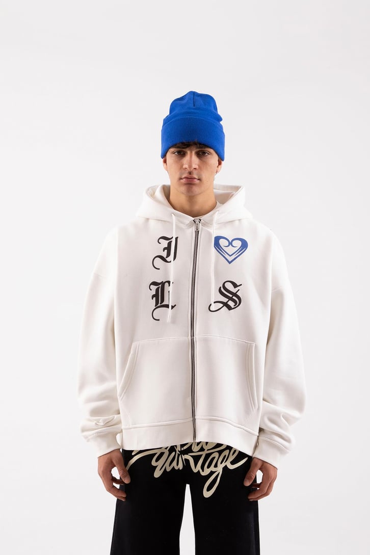 Gothic Letter Beyaz Oversize Zip Hoodie