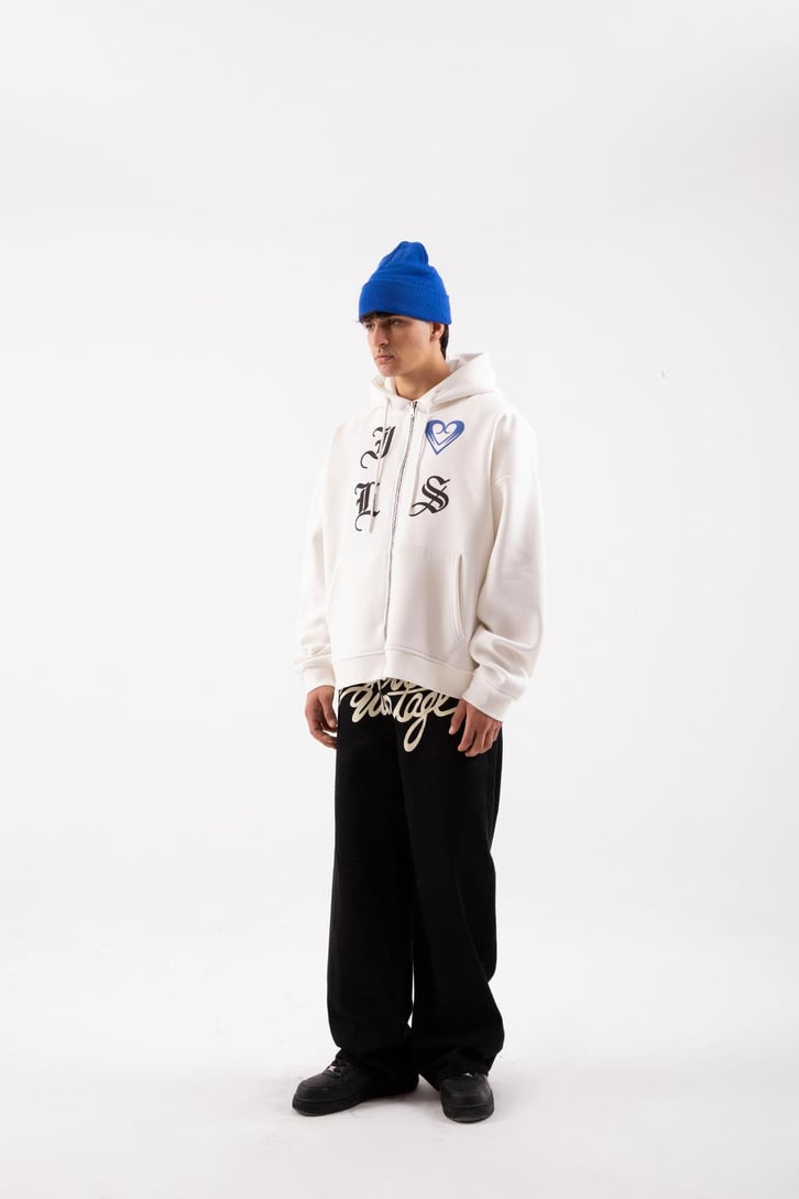 Gothic Letter Beyaz Oversize Zip Hoodie
