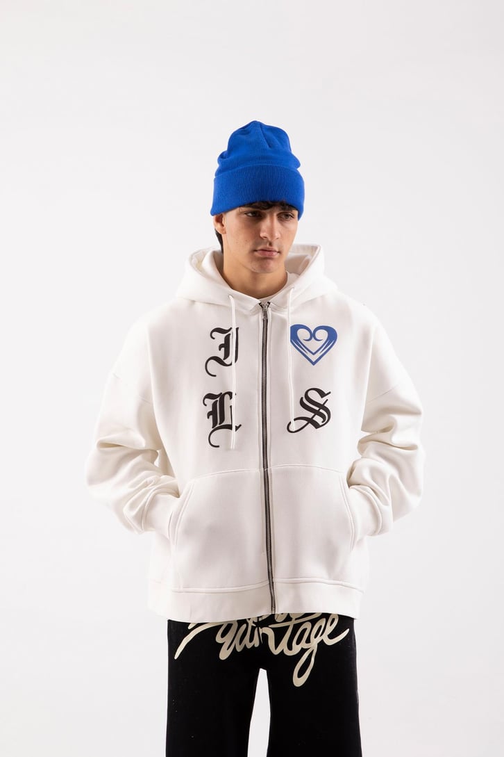 Gothic Letter Beyaz Oversize Zip Hoodie