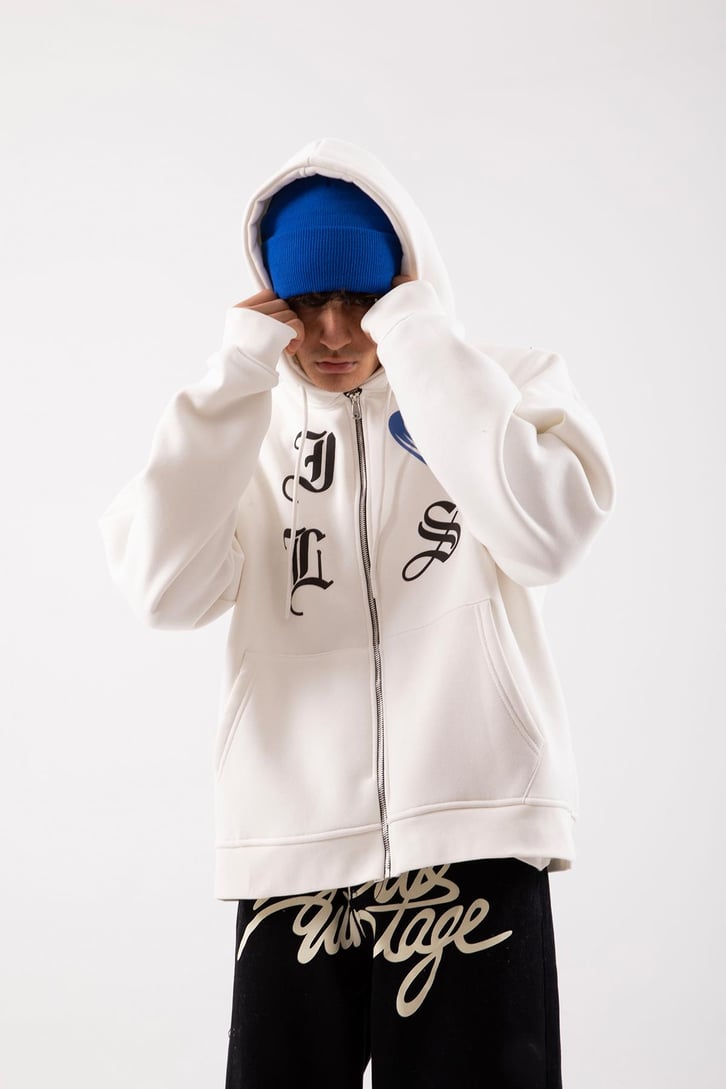 Gothic Letter Beyaz Oversize Zip Hoodie