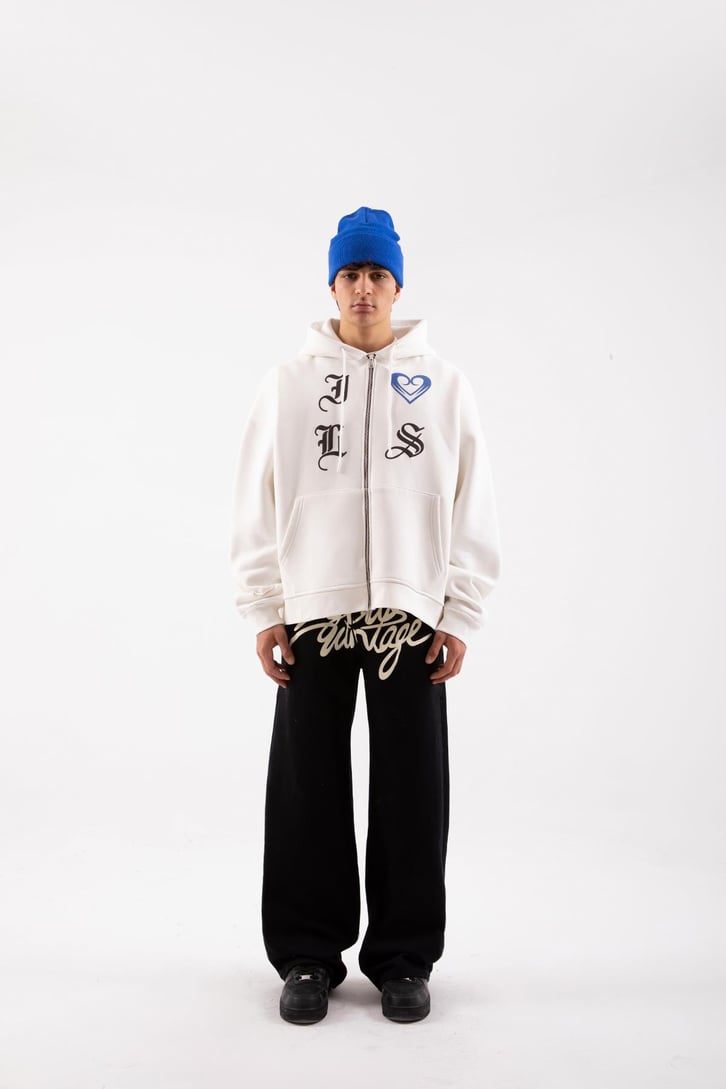 Gothic Letter Beyaz Oversize Zip Hoodie