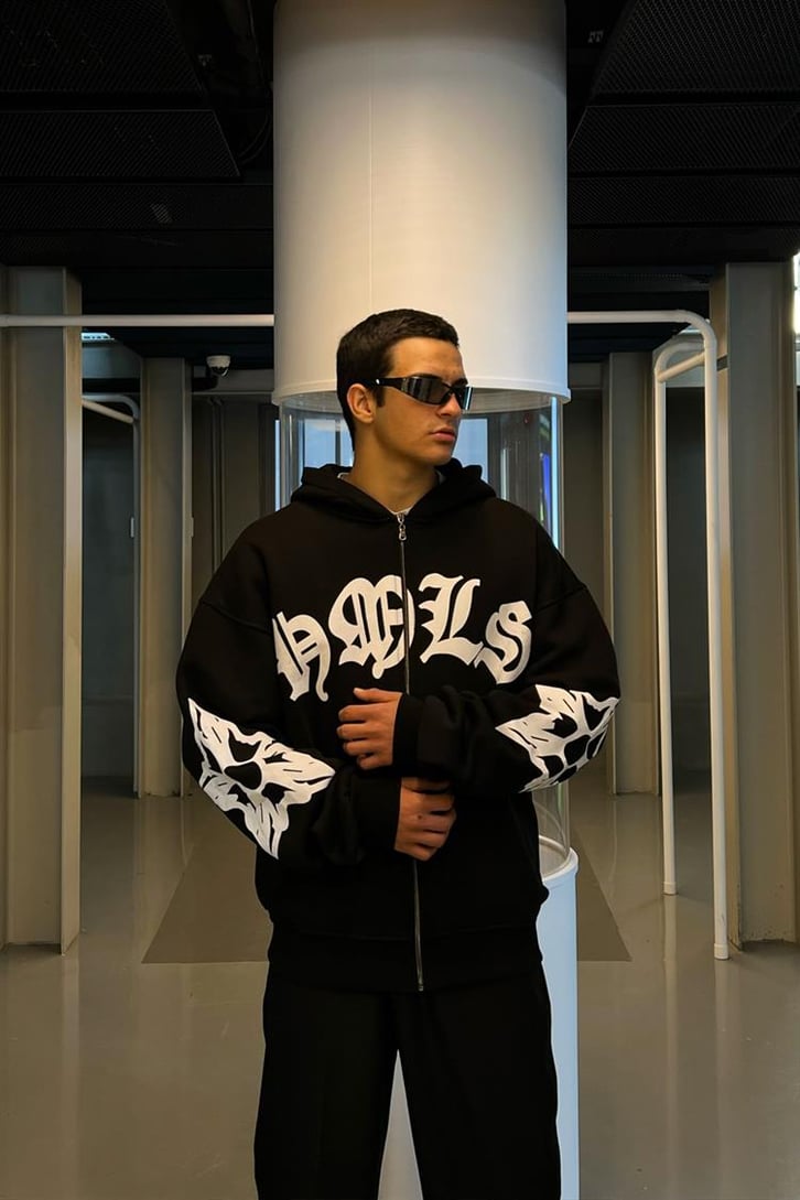Gothic Text Baskılı Siyah Zipper Hoodie