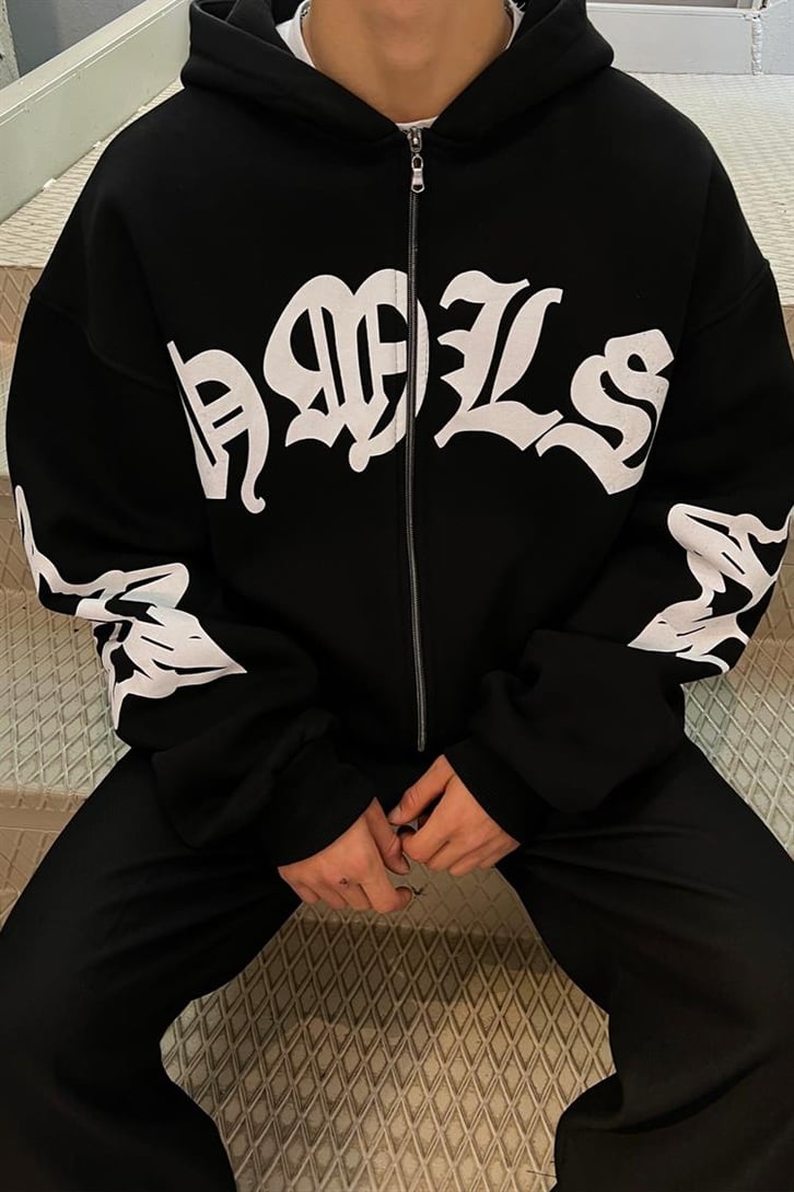 Gothic Text Baskılı Siyah Zipper Hoodie