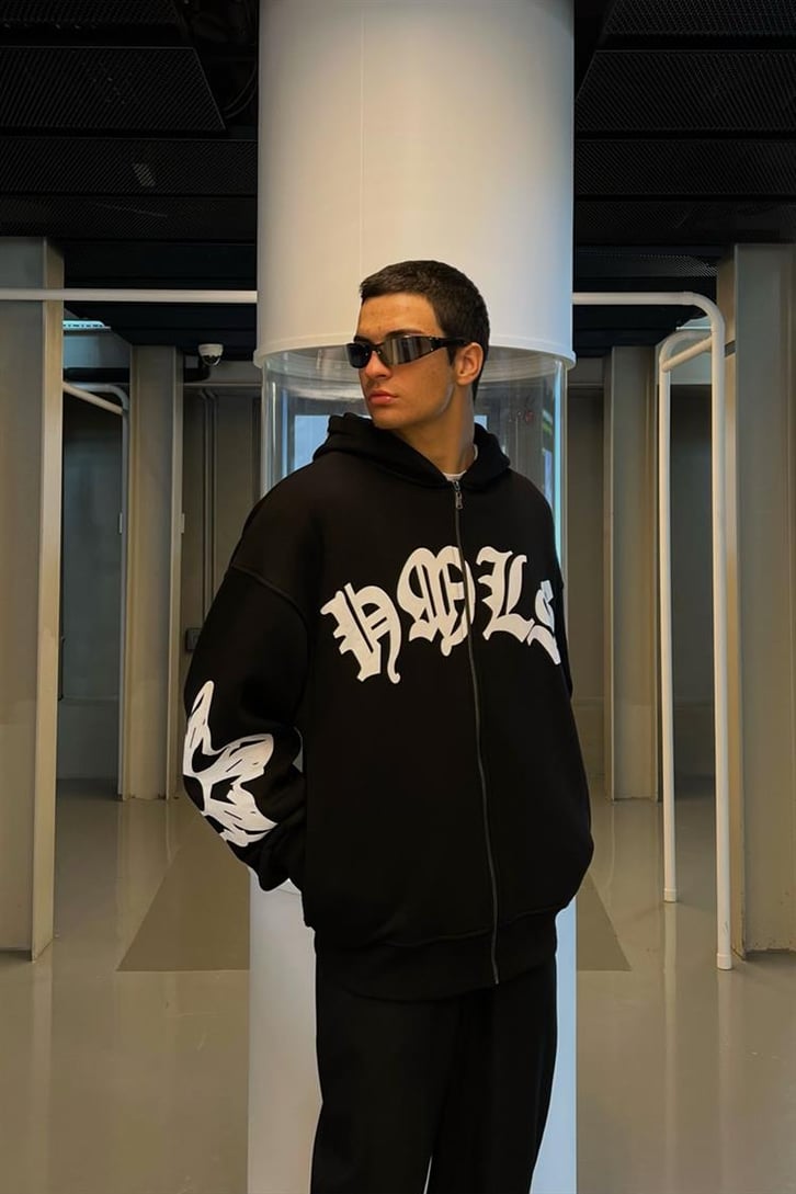 Gothic Text Baskılı Siyah Zipper Hoodie