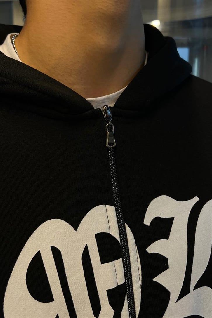 Gothic Text Baskılı Siyah Zipper Hoodie