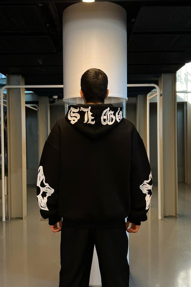 Gothic Text Baskılı Siyah Zipper Hoodie