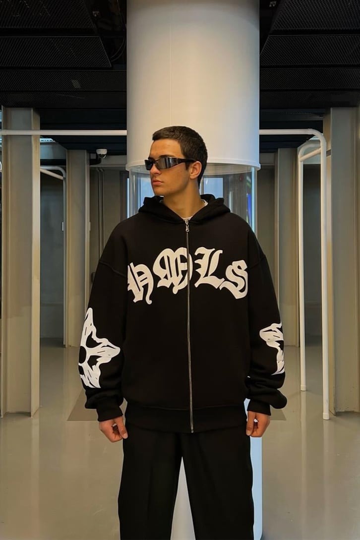 Gothic Text Baskılı Siyah Zipper Hoodie