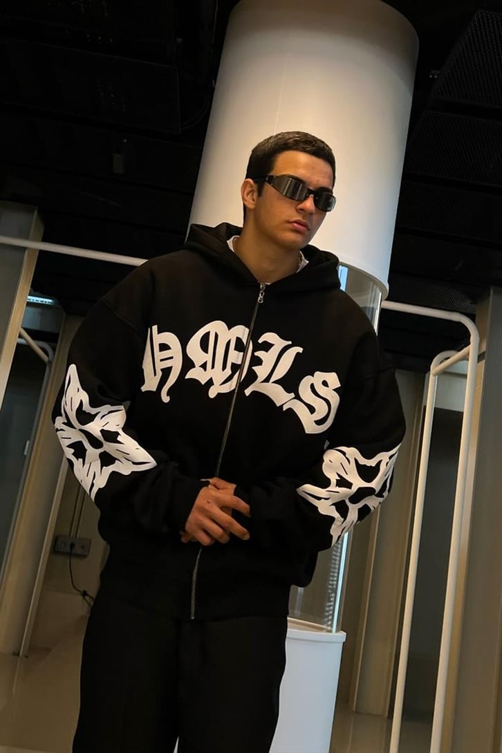 Gothic Text Baskılı Siyah Zipper Hoodie