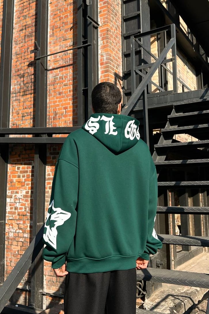 Gothic Text Baskılı Yeşil Zipper Hoodie
