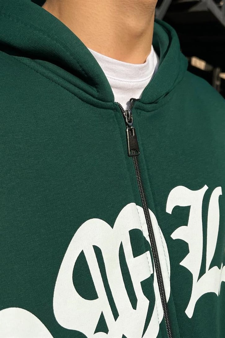 Gothic Text Baskılı Yeşil Zipper Hoodie