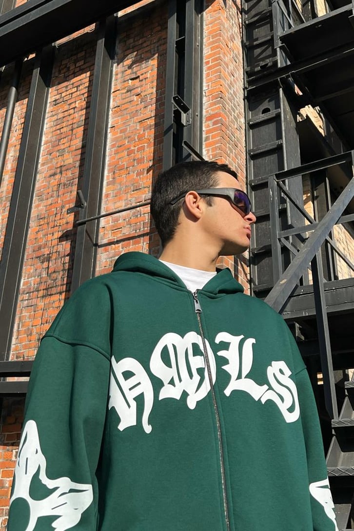 Gothic Text Baskılı Yeşil Zipper Hoodie