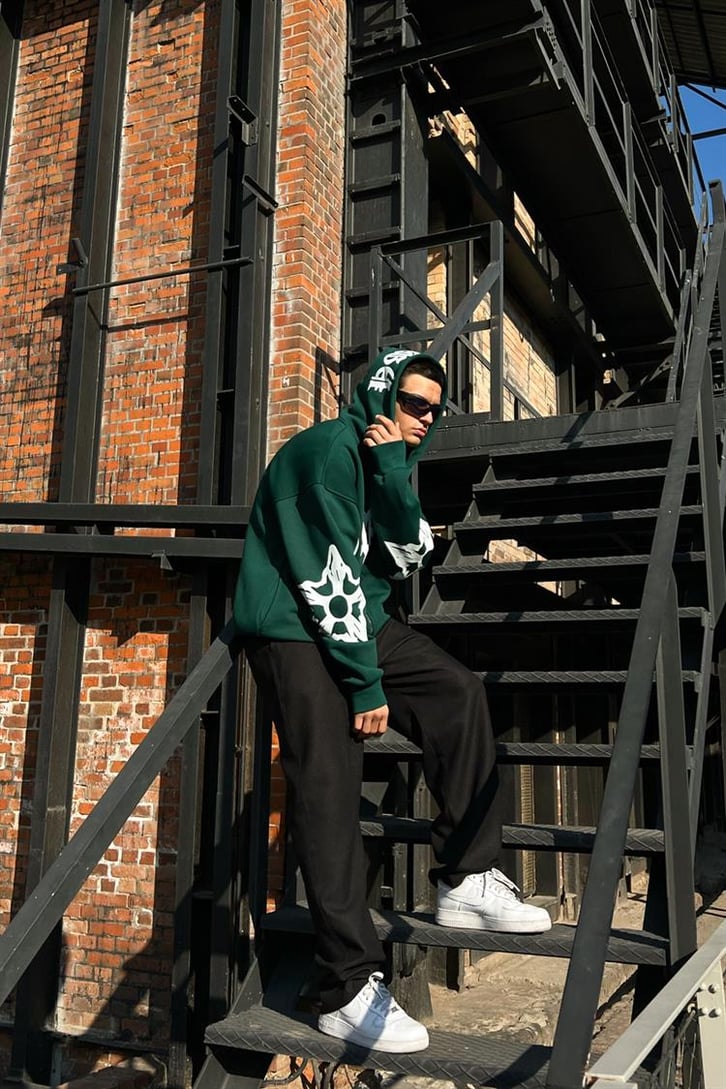 Gothic Text Baskılı Yeşil Zipper Hoodie