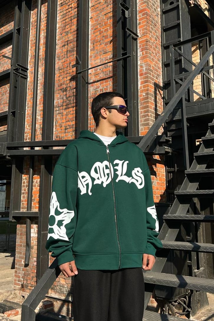 Gothic Text Baskılı Yeşil Zipper Hoodie