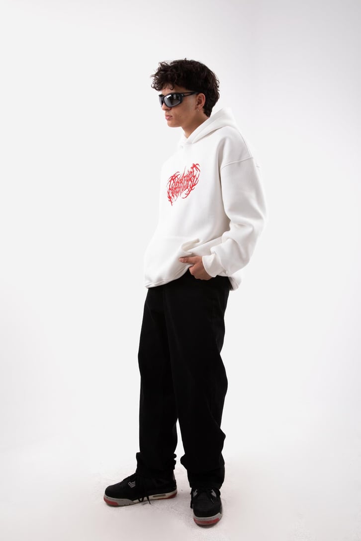 Gotik Nakışlı Beyaz Oversize Hoodie