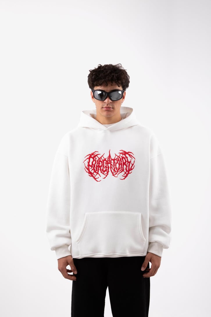 Gotik Nakışlı Beyaz Oversize Hoodie
