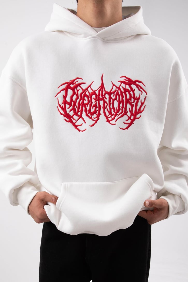 Gotik Nakışlı Beyaz Oversize Hoodie
